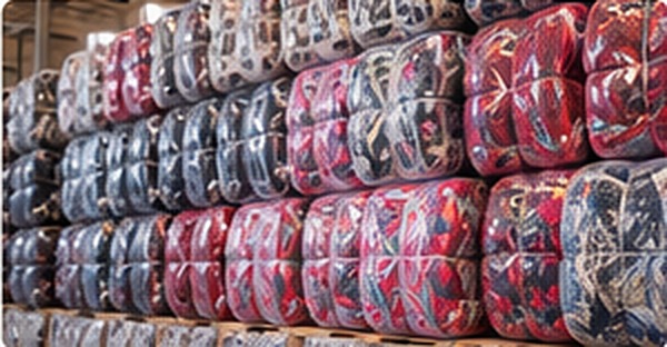 Pacas de cobijas empacadas y apiladas en bodega listas para distribución por volumen