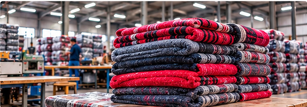 Planta y almacén de fabricación mexicana de cobijas con pilas de producto terminado